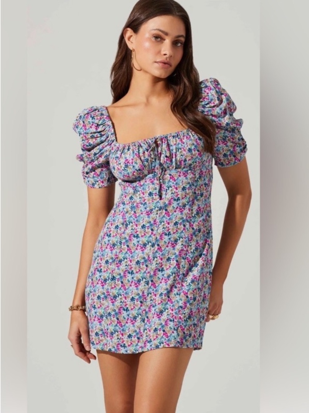Astr / Floral Puff-Sleeve Mini Dress in Blue and Pink